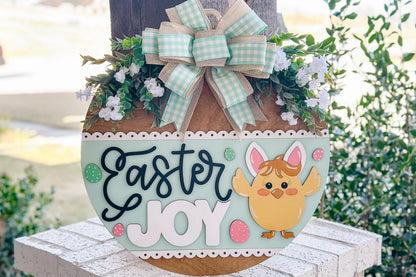 Easter Joy Door Hanger SVG, Bunny Chick Laser Cut File, Spring Round Sign Design, Glowforge SVG, Xtool, Farmhouse Easter Decor