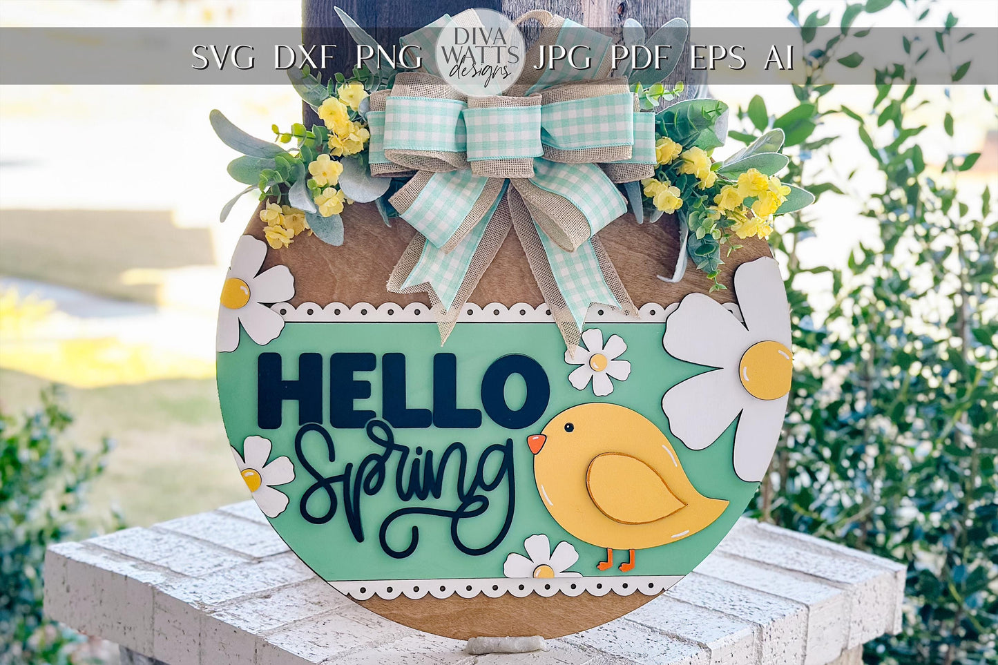 Hello Spring Door Hanger SVG, Floral Chick Laser Cut File, Round Sign Design, Glowforge SVG, Xtool, Farmhouse Spring Decor