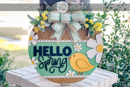 Hello Spring Door Hanger SVG, Floral Chick Laser Cut File, Round Sign Design, Glowforge SVG, Xtool, Farmhouse Spring Decor