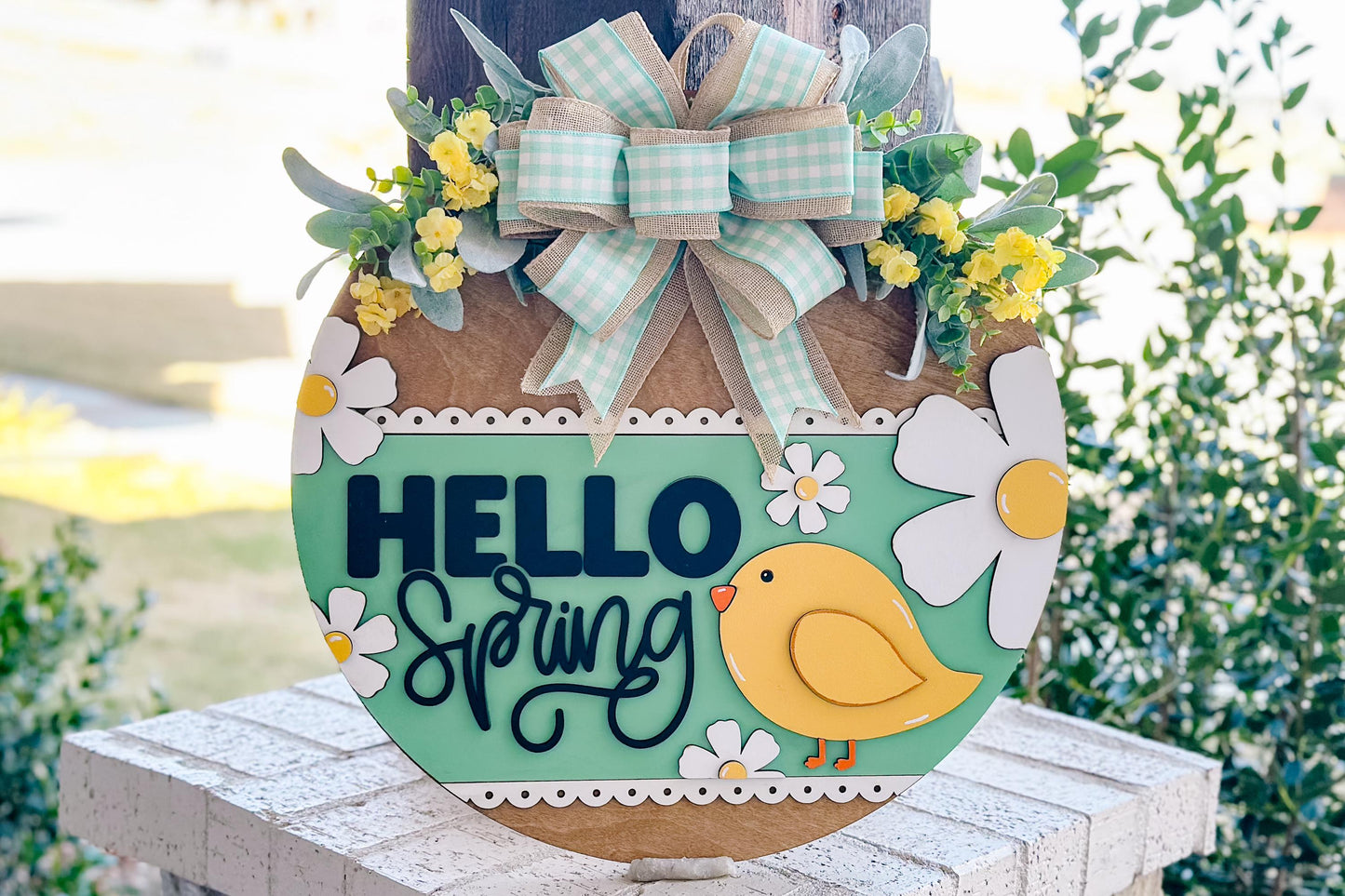 Hello Spring Door Hanger SVG, Floral Chick Laser Cut File, Round Sign Design, Glowforge SVG, Xtool, Farmhouse Spring Decor