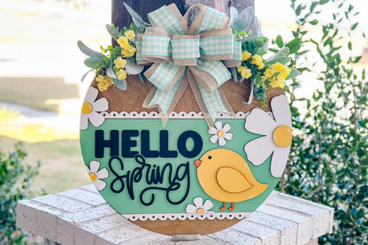 Hello Spring Door Hanger SVG, Floral Chick Laser Cut File, Round Sign Design, Glowforge SVG, Xtool, Farmhouse Spring Decor