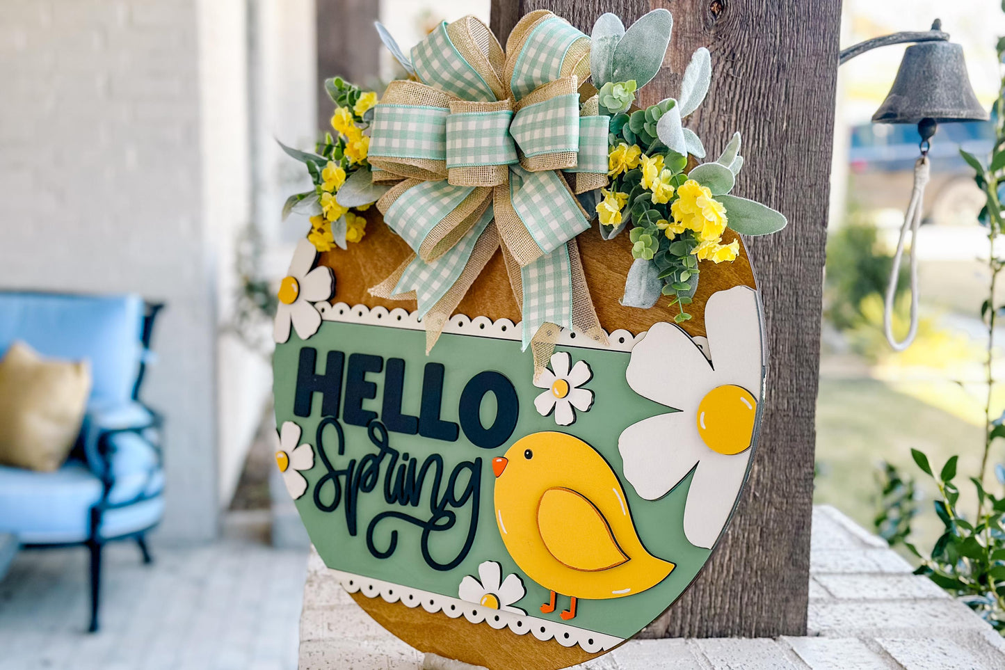 Hello Spring Door Hanger SVG, Floral Chick Laser Cut File, Round Sign Design, Glowforge SVG, Xtool, Farmhouse Spring Decor