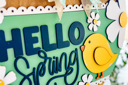 Hello Spring Door Hanger SVG, Floral Chick Laser Cut File, Round Sign Design, Glowforge SVG, Xtool, Farmhouse Spring Decor