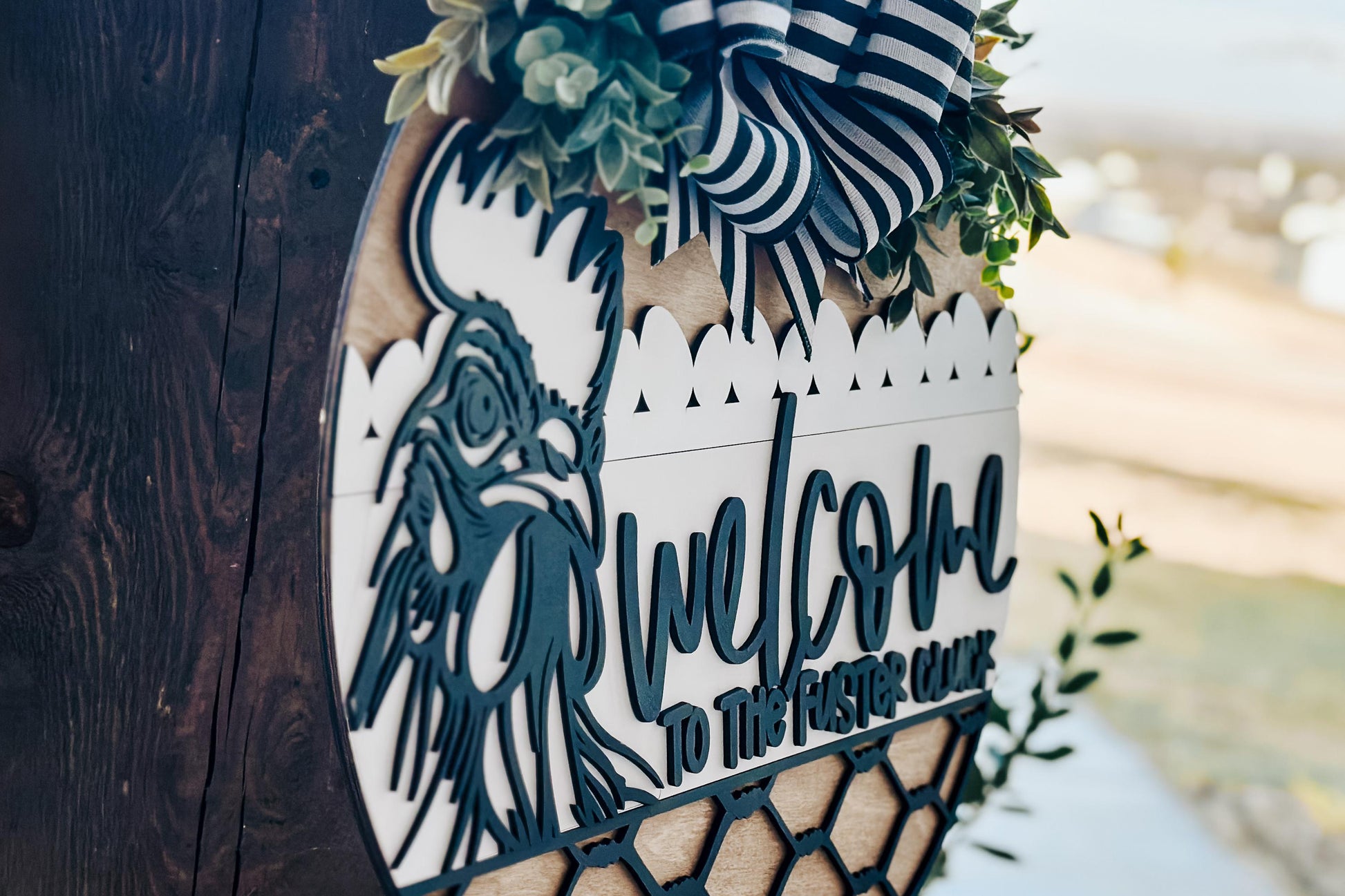 Welcome to the Fuster Cluck Door Hanger SVG, Rooster Laser Cut File, Chicken Wire Round Sign Design, Glowforge SVG, Farmhouse Decor