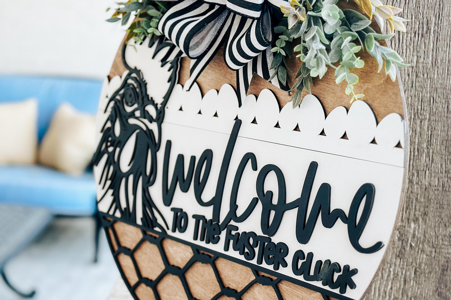 Welcome to the Fuster Cluck Door Hanger SVG, Rooster Laser Cut File, Chicken Wire Round Sign Design, Glowforge SVG, Farmhouse Decor