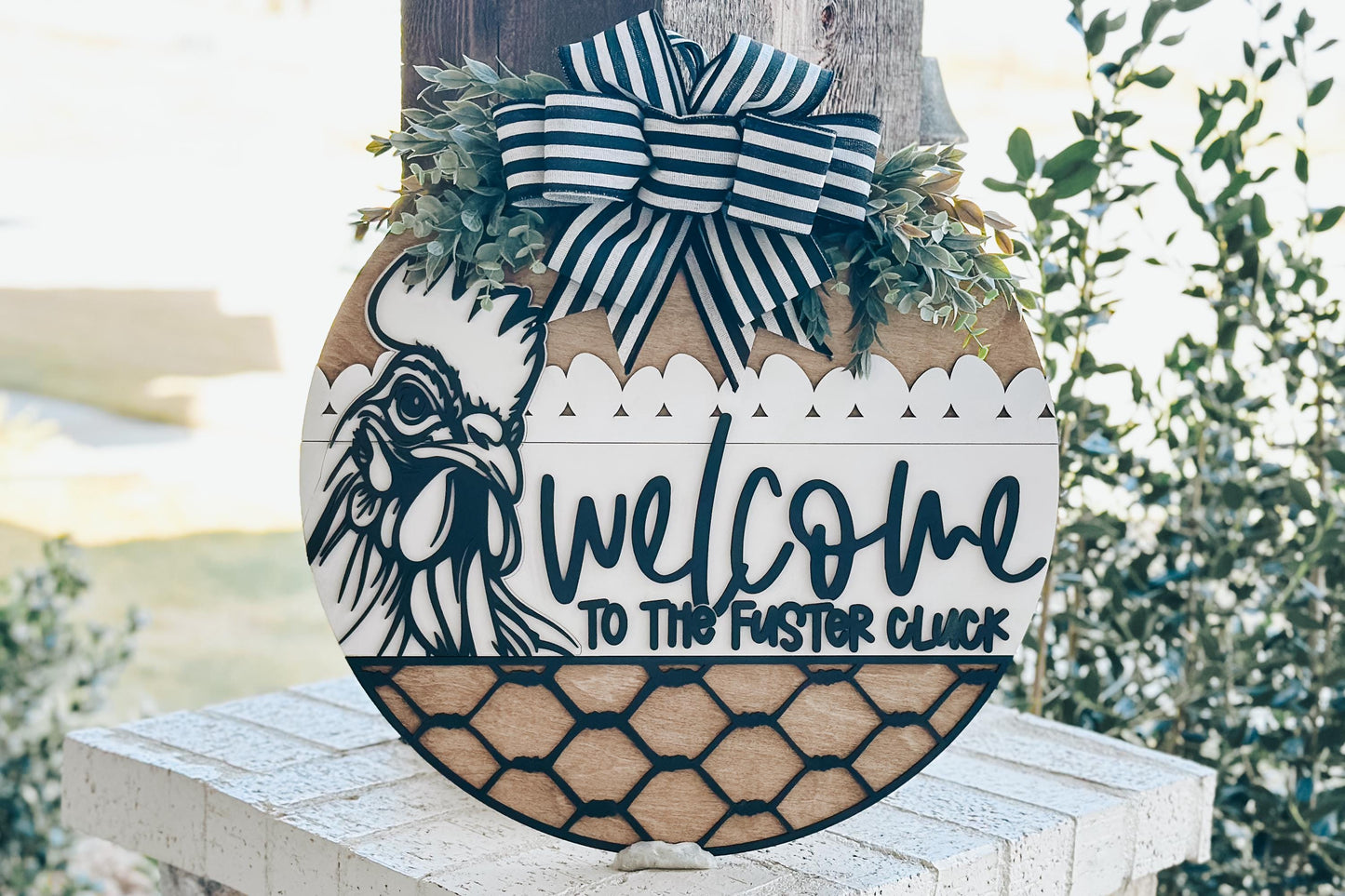 Welcome to the Fuster Cluck Door Hanger SVG, Rooster Laser Cut File, Chicken Wire Round Sign Design, Glowforge SVG, Farmhouse Decor