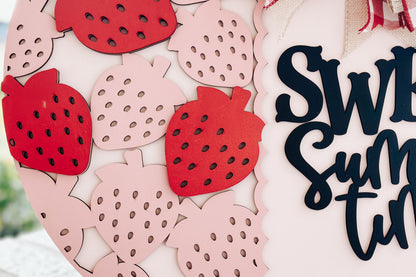 Sweet Summertime Door Hanger SVG, Strawberry Laser Cut File, Round Sign Design, Glowforge SVG, Xtool, Farmhouse Summer Decor