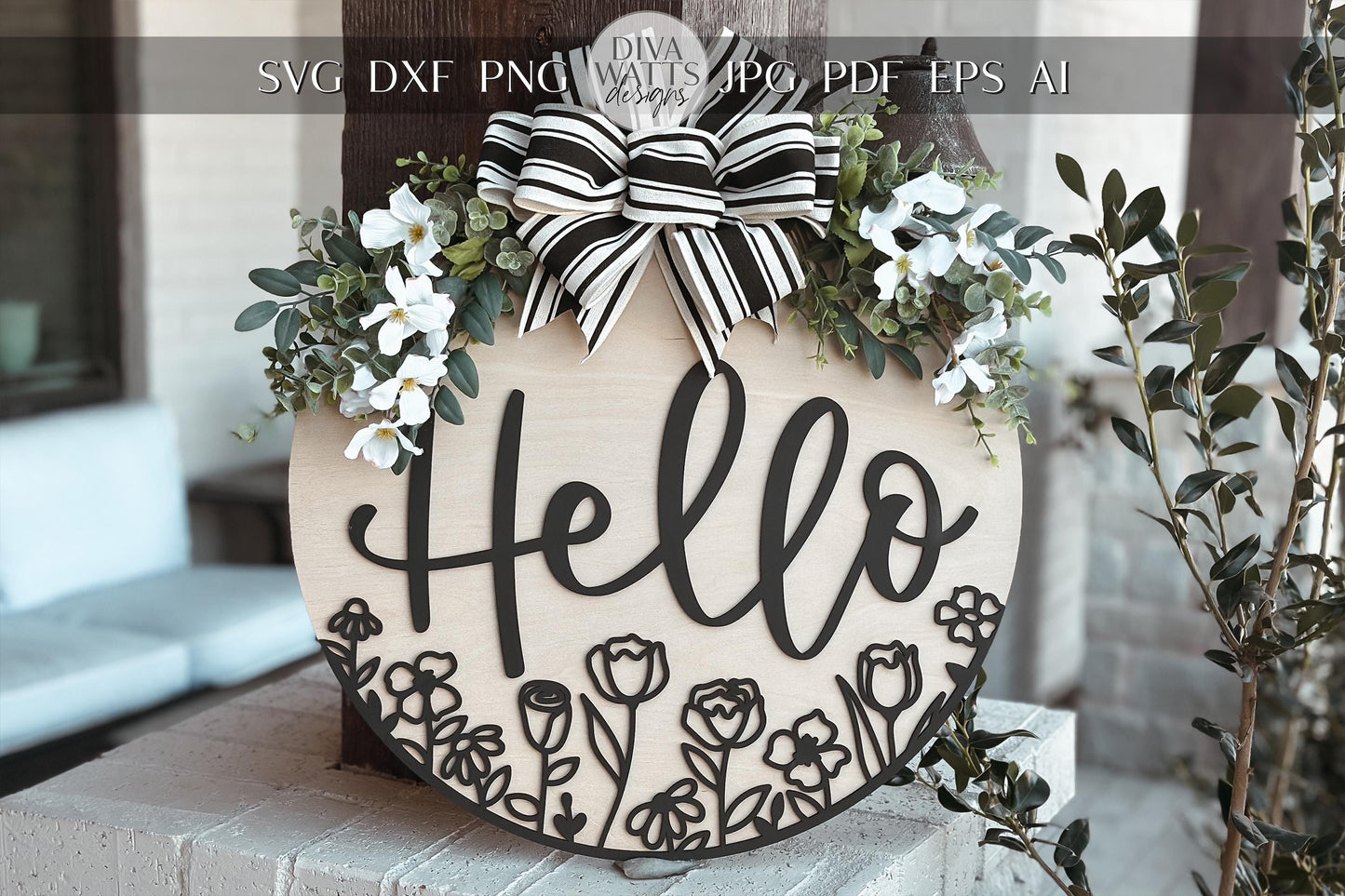 Hello Door Hanger SVG, Floral Laser Cut File, Round Sign Design, Glowforge SVG, Xtool, Farmhouse Welcome Decor, Floral Door Hanger, Daisy