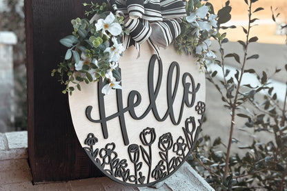 Hello Door Hanger SVG, Floral Laser Cut File, Round Sign Design, Glowforge SVG, Xtool, Farmhouse Welcome Decor, Floral Door Hanger, Daisy