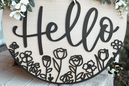 Hello Door Hanger SVG, Floral Laser Cut File, Round Sign Design, Glowforge SVG, Xtool, Farmhouse Welcome Decor, Floral Door Hanger, Daisy