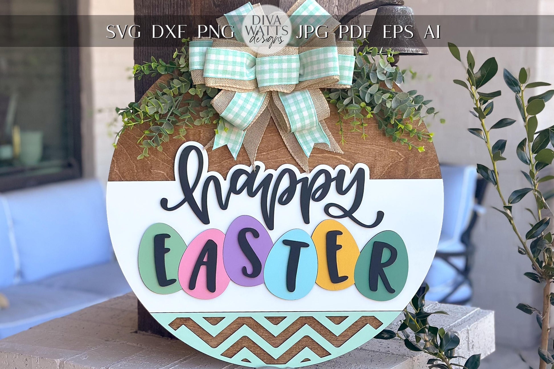 Happy Easter Door Hanger SVG, Egg Laser Cut File, Round Sign Design, Glowforge SVG, Xtool, Farmhouse Easter Decor