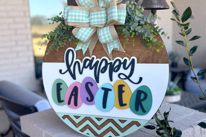 Happy Easter Door Hanger SVG, Egg Laser Cut File, Round Sign Design, Glowforge SVG, Xtool, Farmhouse Easter Decor