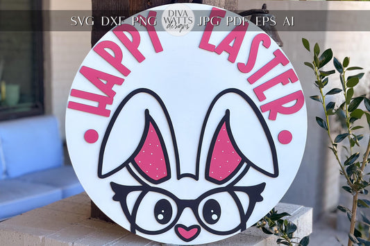 Happy Easter Bunny Door Hanger SVG, Glasses Rabbit Laser Cut File, Round Sign Design, Glowforge SVG, Xtool, Easter Decor