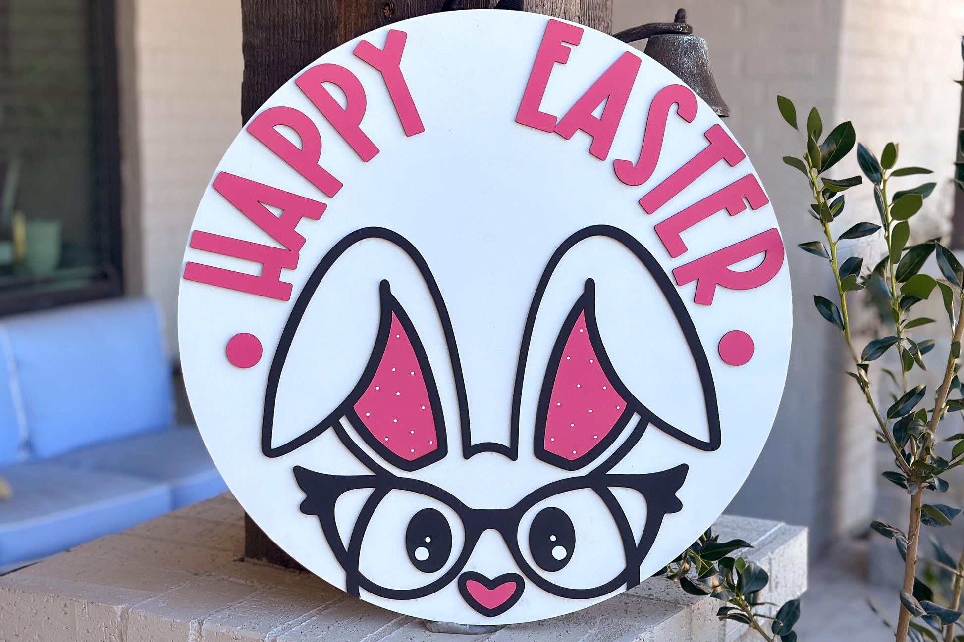 Happy Easter Bunny Door Hanger SVG, Glasses Rabbit Laser Cut File, Round Sign Design, Glowforge SVG, Xtool, Easter Decor