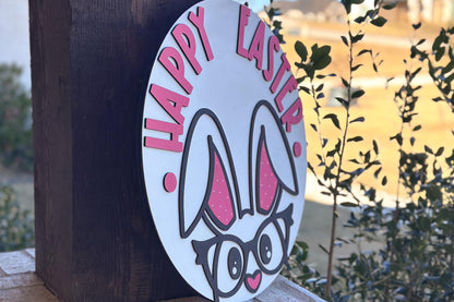 Happy Easter Bunny Door Hanger SVG, Glasses Rabbit Laser Cut File, Round Sign Design, Glowforge SVG, Xtool, Easter Decor