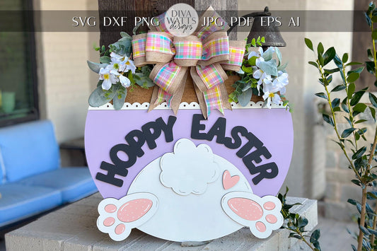 Hoppy Easter Door Hanger SVG, Bunny Butt Laser Cut File, Round Sign Design, Glowforge SVG, Xtool, Farmhouse Easter Decor