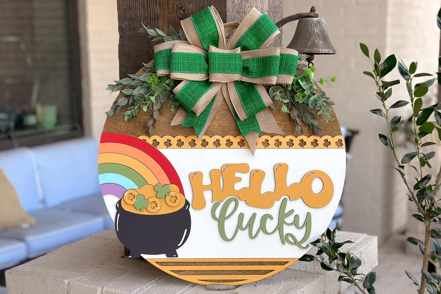 Hello Lucky Door Hanger SVG, St. Patrick’s Day Laser Cut File, Rainbow Pot of Gold Sign, Glowforge SVG, Xtool, Shamrock Decor
