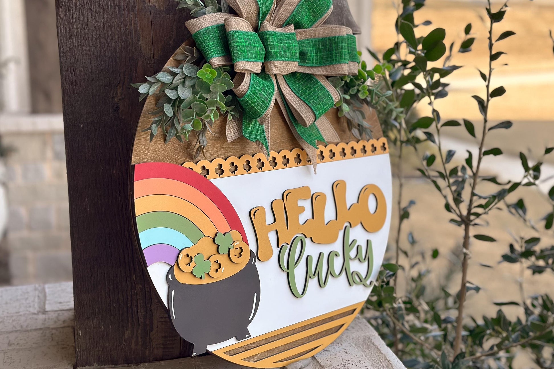Hello Lucky Door Hanger SVG, St. Patrick’s Day Laser Cut File, Rainbow Pot of Gold Sign, Glowforge SVG, Xtool, Shamrock Decor