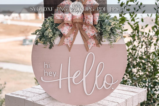 Hi Hey Hello Round Door Hanger SVG File, Laser Cut Design, Layered Wood Sign Template, Floral Bow Door Decor, Glowforge Ready File