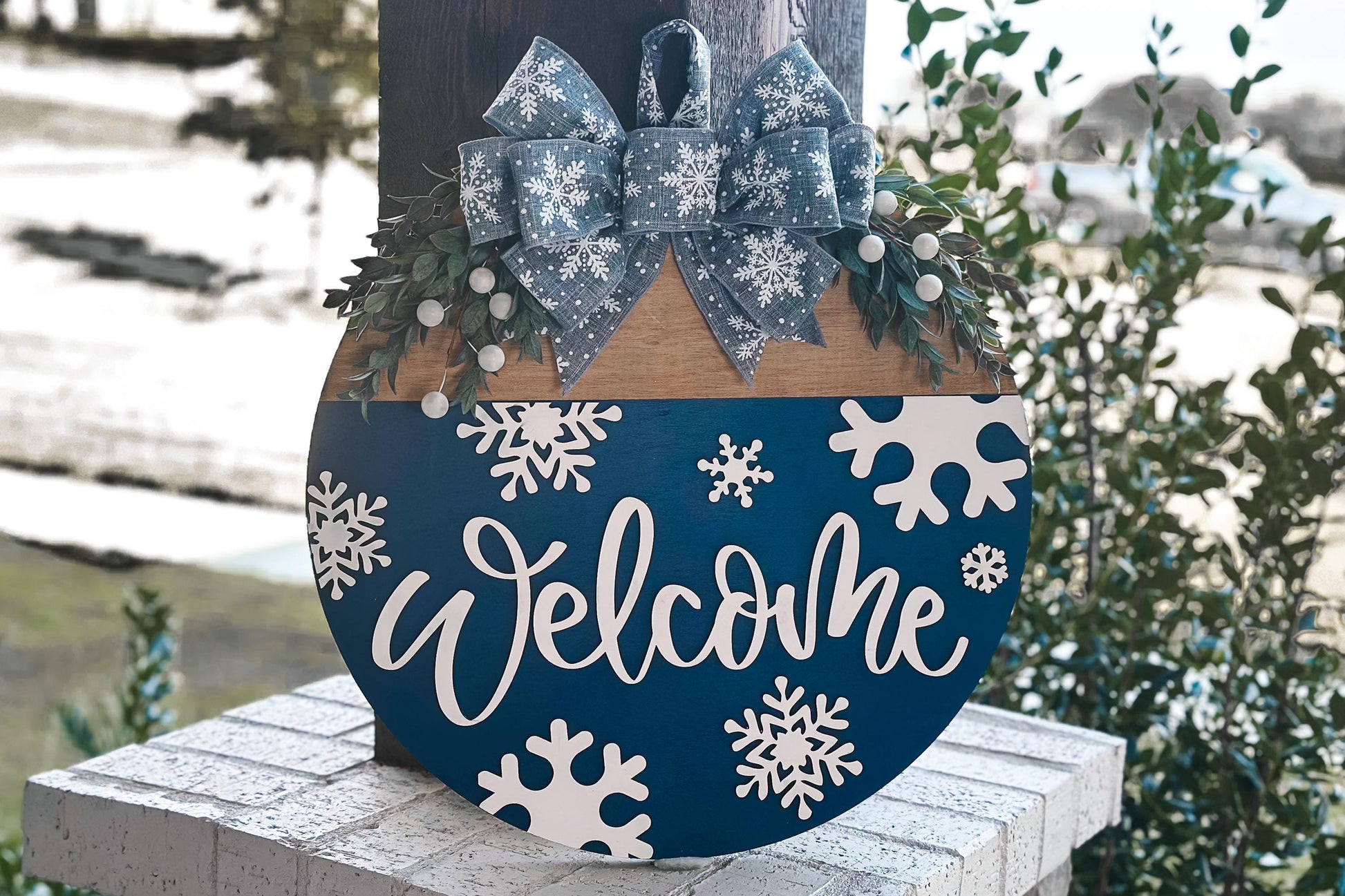 Winter Welcome Door Hanger SVG, Snowflake Laser Cut File, Layered Round Wood Sign Template, Glowforge Ready Design