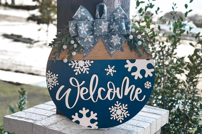 Winter Welcome Door Hanger SVG, Snowflake Laser Cut File, Layered Round Wood Sign Template, Glowforge Ready Design
