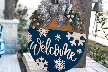 Winter Welcome Door Hanger SVG, Snowflake Laser Cut File, Layered Round Wood Sign Template, Glowforge Ready Design