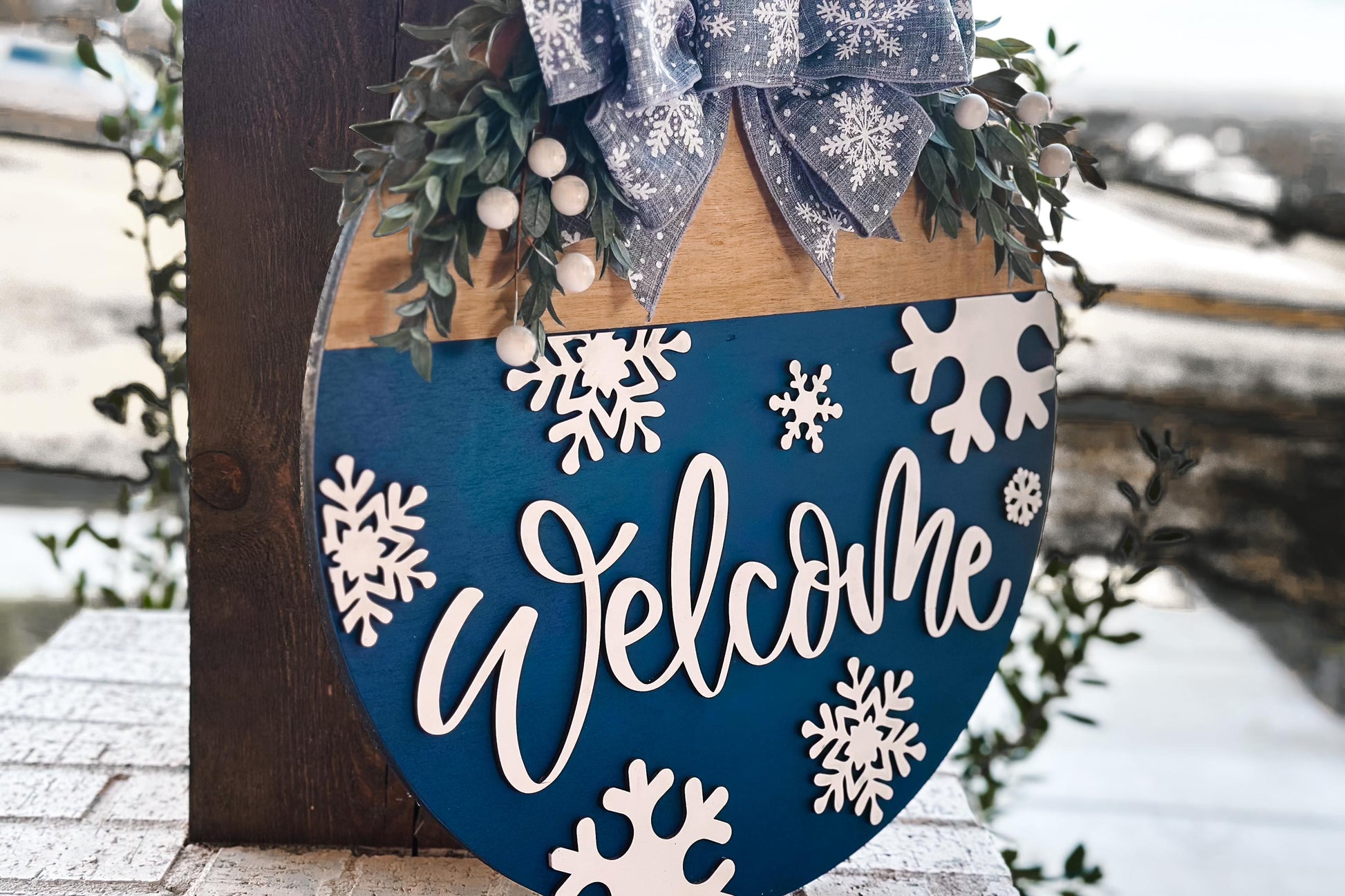 Winter Welcome Door Hanger SVG, Snowflake Laser Cut File, Layered Round Wood Sign Template, Glowforge Ready Design
