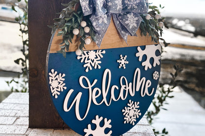 Winter Welcome Door Hanger SVG, Snowflake Laser Cut File, Layered Round Wood Sign Template, Glowforge Ready Design