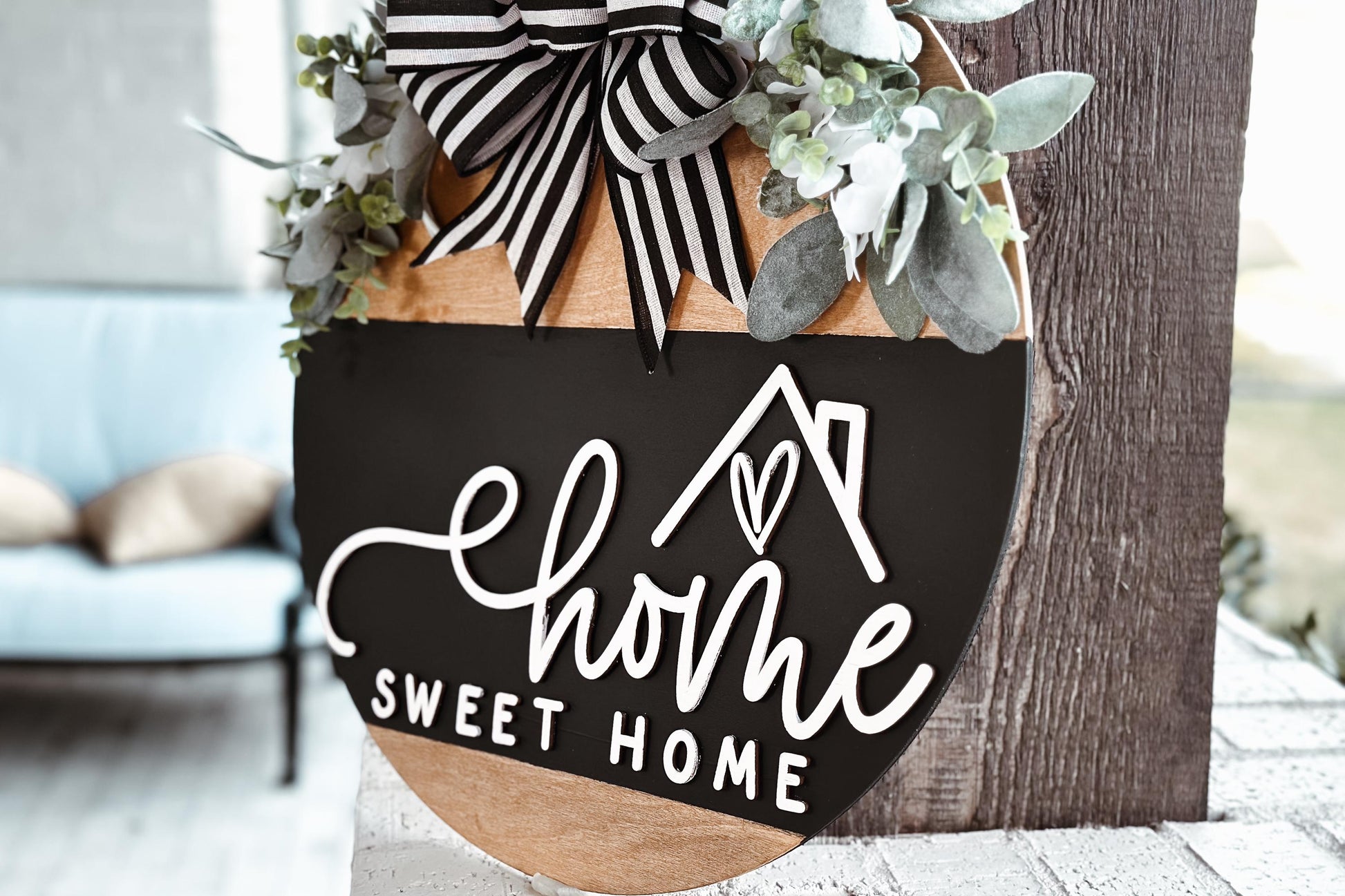 Home Sweet Home Round Door Hanger SVG, Layered Laser Cut File, Farmhouse Sign Template, Glowforge Ready Design