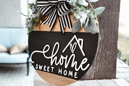 Home Sweet Home Round Door Hanger SVG, Layered Laser Cut File, Farmhouse Sign Template, Glowforge Ready Design