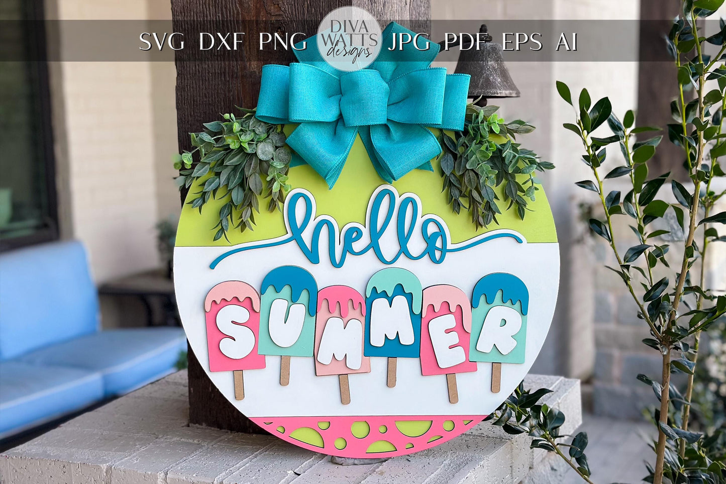Hello Summer Door Hanger SVG Laser File | Popsicle Summer Sign | Glowforge Cut File | DIY Round Door Sign | Layered Laser Design