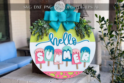 Hello Summer Door Hanger SVG Laser File | Popsicle Summer Sign | Glowforge Cut File | DIY Round Door Sign | Layered Laser Design