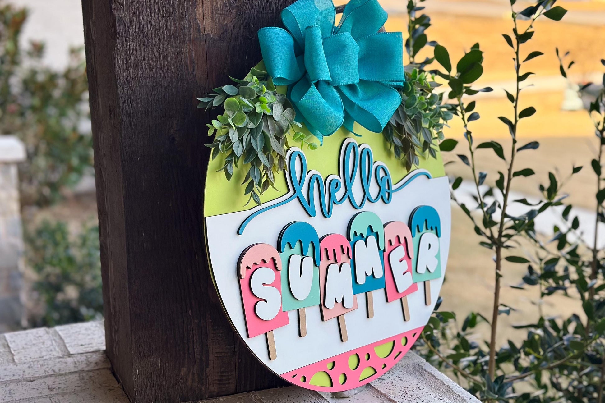 Hello Summer Door Hanger SVG Laser File | Popsicle Summer Sign | Glowforge Cut File | DIY Round Door Sign | Layered Laser Design