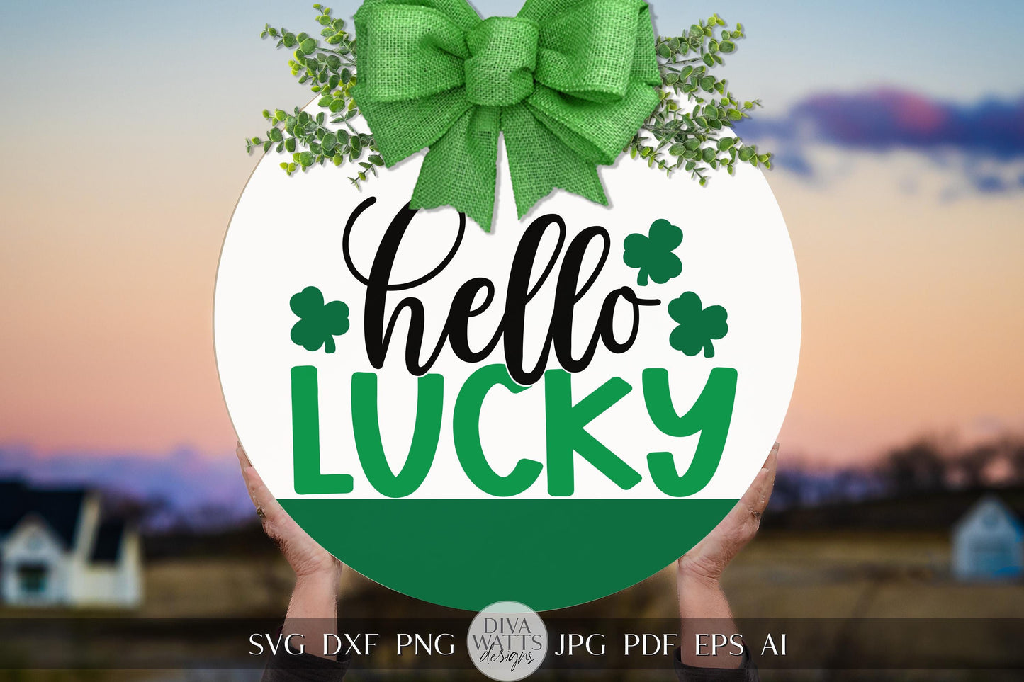 Hello Lucky SVG St. Patrick's Day Round Door Sign Digital Design – Shamrock & Bow Cut File for Cricut and Silhouette