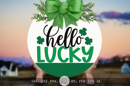 Hello Lucky SVG St. Patrick's Day Round Door Sign Digital Design – Shamrock & Bow Cut File for Cricut and Silhouette
