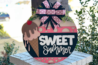 Sweet Summer Ice Cream Door Hanger SVG, Round Laser Cut File for Glowforge, Customizable Summer Sign, Farmhouse Wall Decor