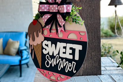 Sweet Summer Ice Cream Door Hanger SVG, Round Laser Cut File for Glowforge, Customizable Summer Sign, Farmhouse Wall Decor