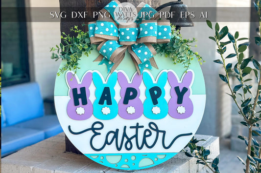 Happy Easter Bunny Door Hanger SVG, Round Laser Cut File for Glowforge, Customizable Easter Sign, Farmhouse Spring Decor