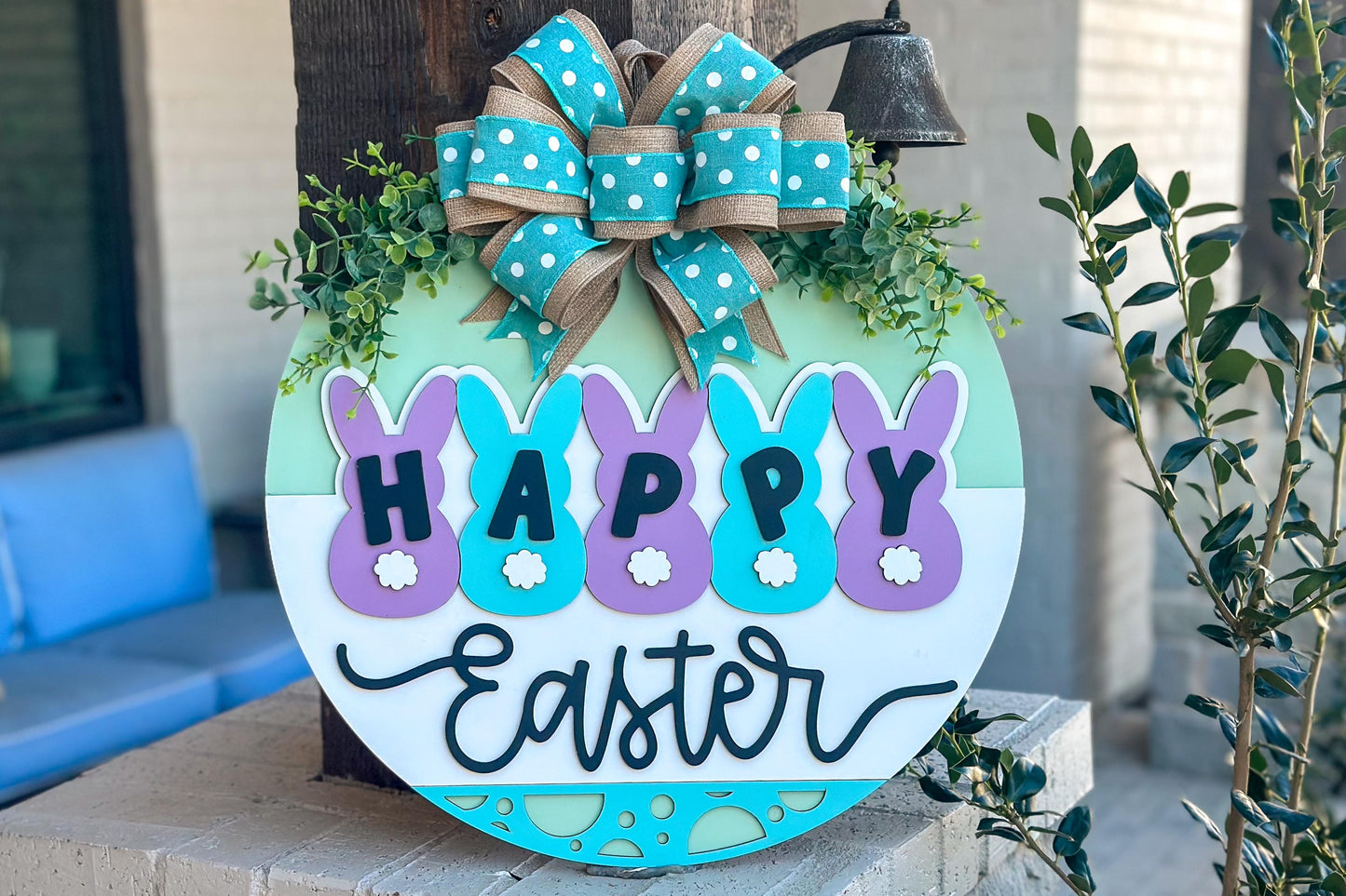 Happy Easter Bunny Door Hanger SVG, Round Laser Cut File for Glowforge, Customizable Easter Sign, Farmhouse Spring Decor