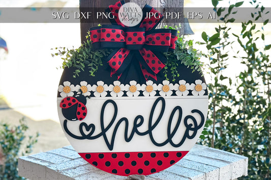 Hello Ladybug Door Hanger SVG, Round Laser Cut File for Glowforge, Customizable Farmhouse Welcome Sign, Spring Front Door Decor