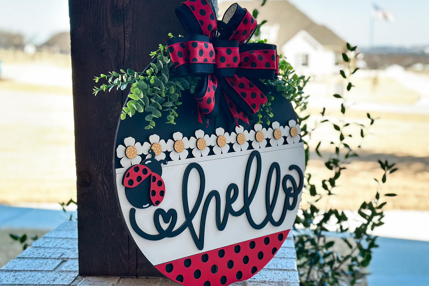 Hello Ladybug Door Hanger SVG, Round Laser Cut File for Glowforge, Customizable Farmhouse Welcome Sign, Spring Front Door Decor