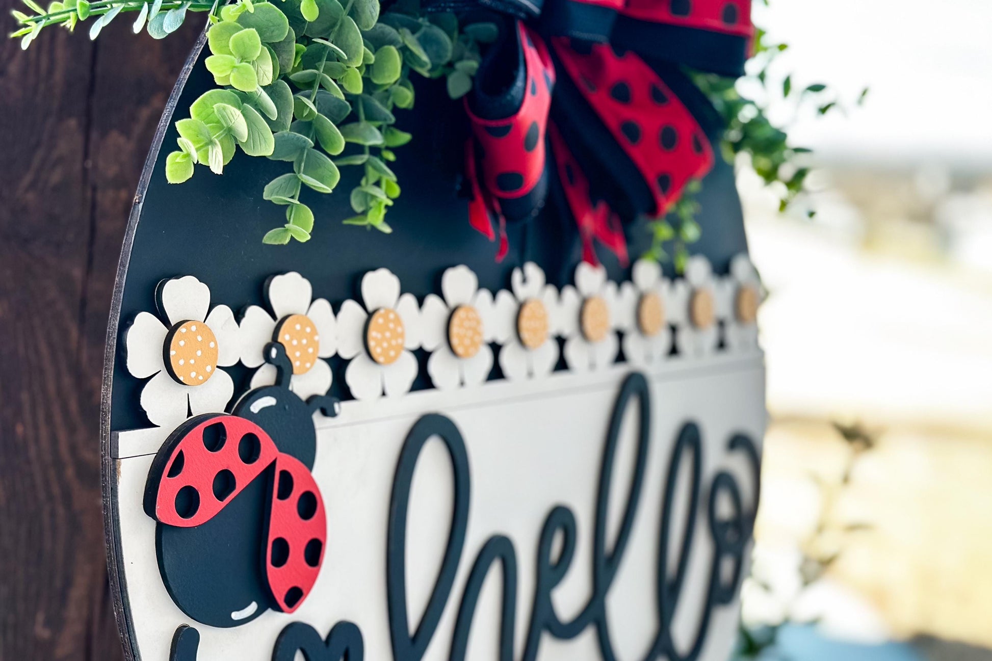 Hello Ladybug Door Hanger SVG, Round Laser Cut File for Glowforge, Customizable Farmhouse Welcome Sign, Spring Front Door Decor