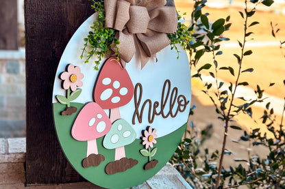 Hello Ladybug Door Hanger SVG, Round Laser Cut File for Glowforge, Customizable Farmhouse Welcome Sign, Spring Front Door Decor