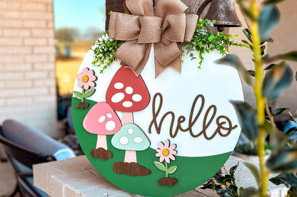 Hello Ladybug Door Hanger SVG, Round Laser Cut File for Glowforge, Customizable Farmhouse Welcome Sign, Spring Front Door Decor
