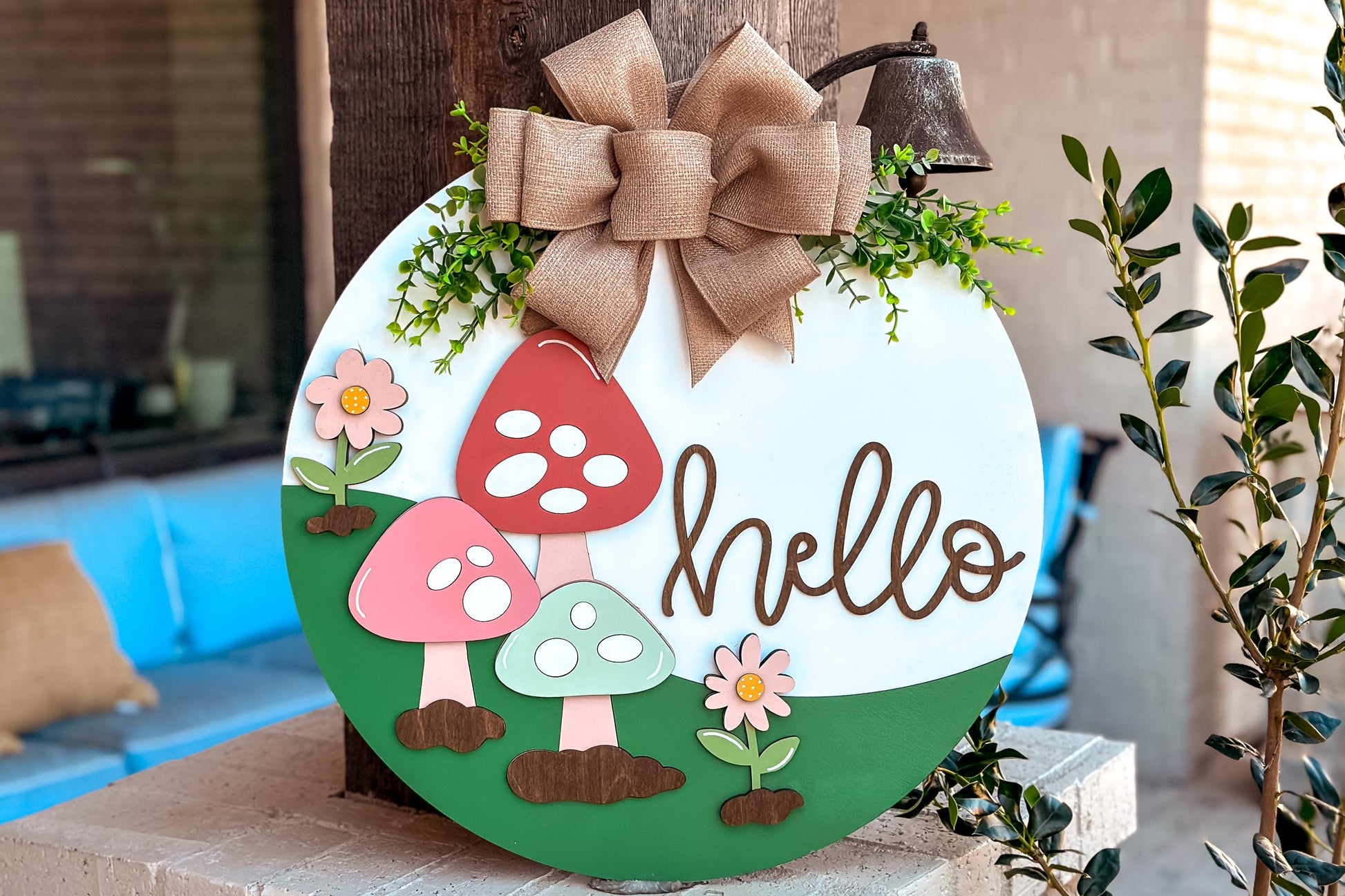 Hello Ladybug Door Hanger SVG, Round Laser Cut File for Glowforge, Customizable Farmhouse Welcome Sign, Spring Front Door Decor