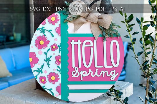 Hello Spring Door Hanger SVG, Round Laser Cut File for Glowforge, Floral Welcome Sign, Customizable Farmhouse Spring Decor