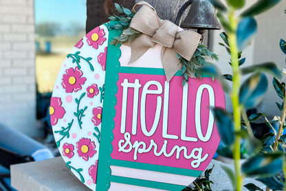 Hello Spring Door Hanger SVG, Round Laser Cut File for Glowforge, Floral Welcome Sign, Customizable Farmhouse Spring Decor
