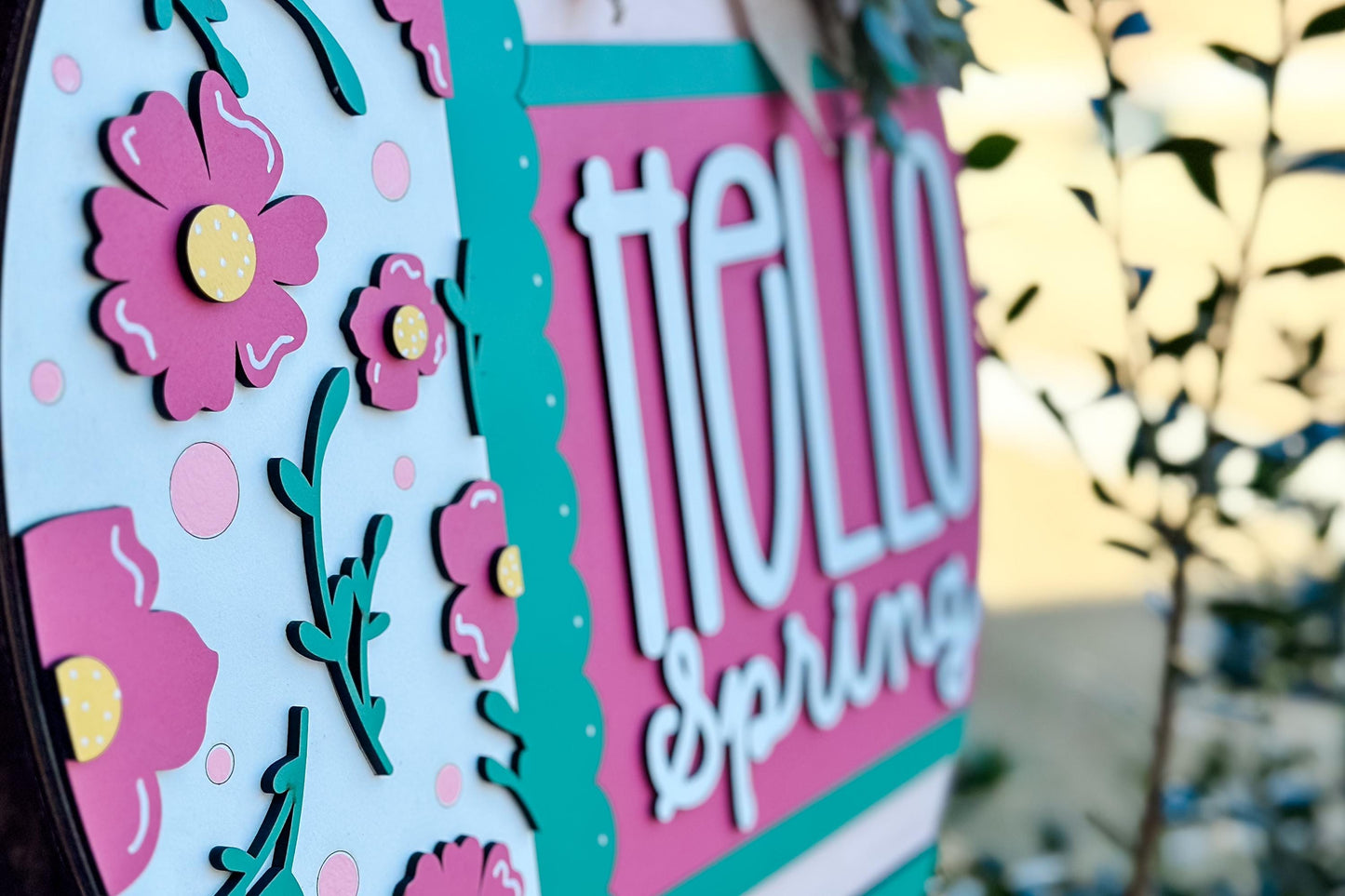 Hello Spring Door Hanger SVG, Round Laser Cut File for Glowforge, Floral Welcome Sign, Customizable Farmhouse Spring Decor