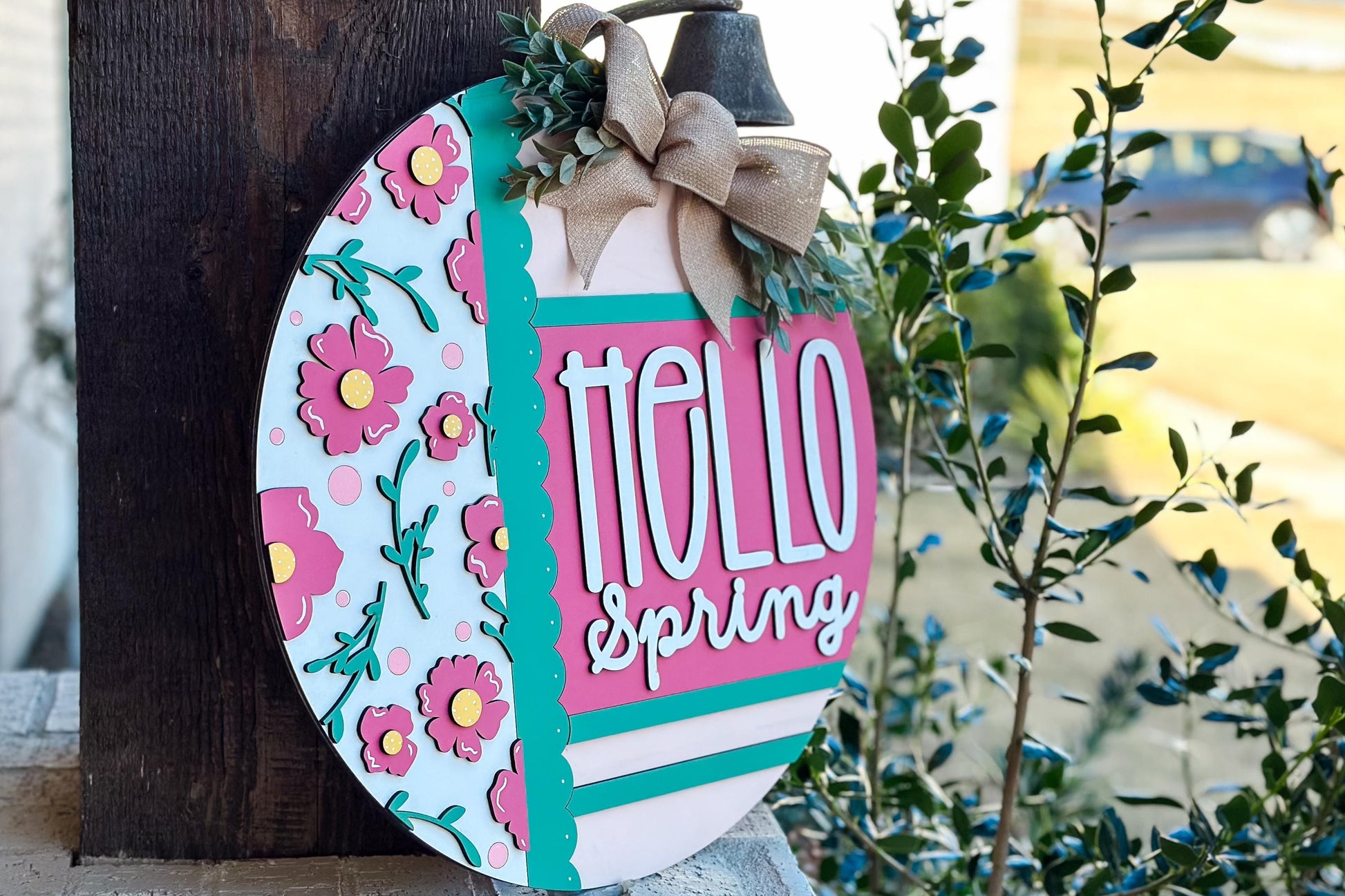Hello Spring Door Hanger SVG, Round Laser Cut File for Glowforge, Floral Welcome Sign, Customizable Farmhouse Spring Decor