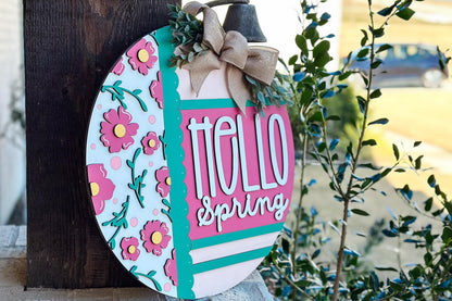 Hello Spring Door Hanger SVG, Round Laser Cut File for Glowforge, Floral Welcome Sign, Customizable Farmhouse Spring Decor